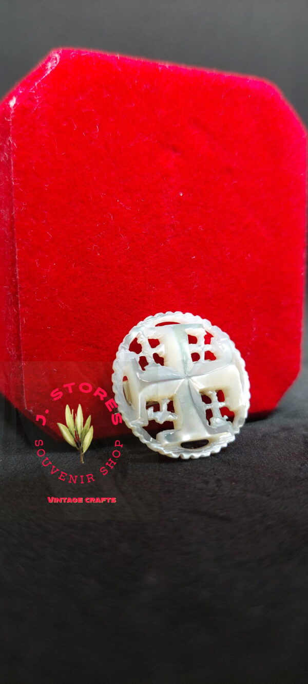 Mother of pearl handmade brooch jerusalem cross round