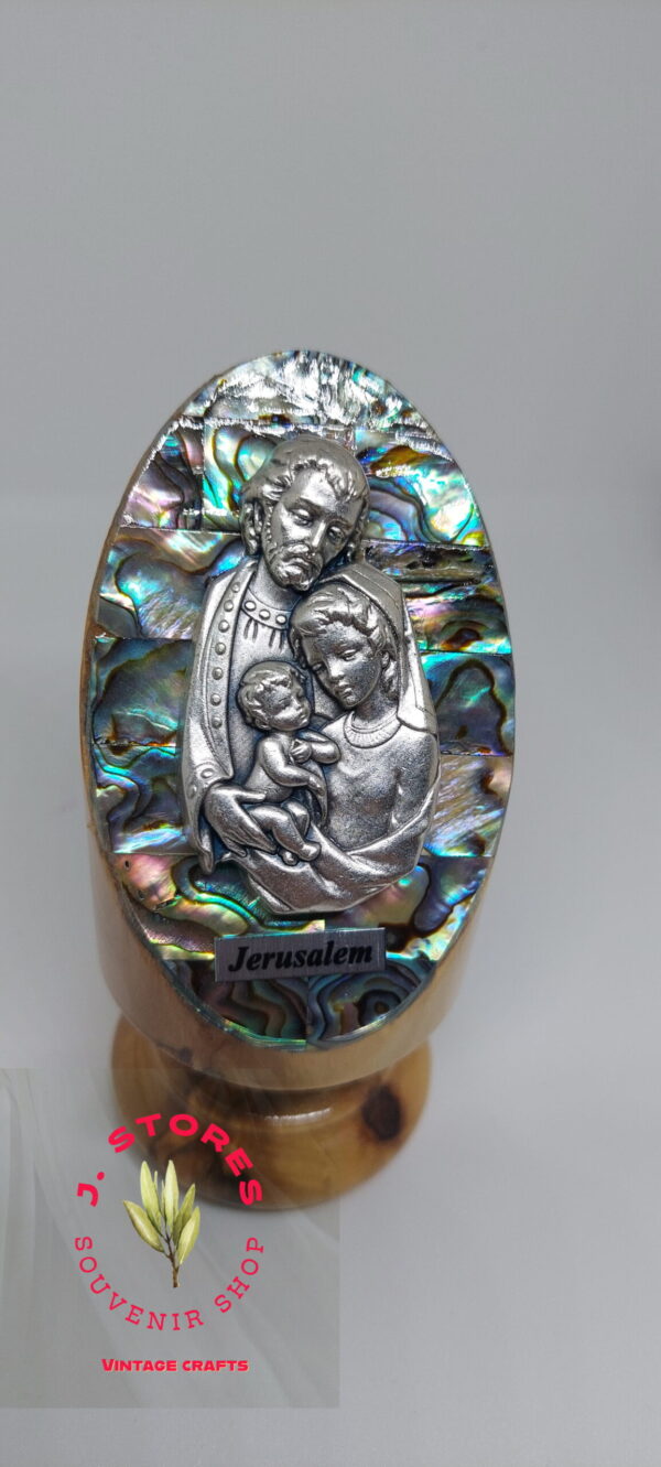 Mother of pearl handmade holy family with olivewood stand